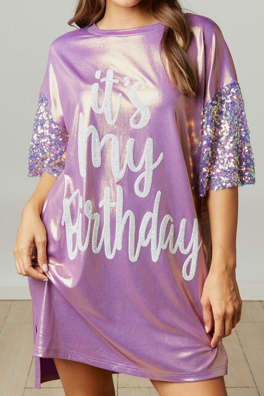 ***RESTOCK*** Birthday Queen Foil Sequin Dress in Lavender