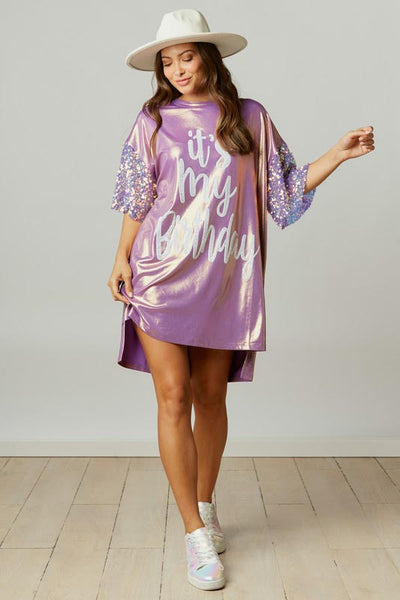 ***RESTOCK*** Birthday Queen Foil Sequin Dress in Lavender